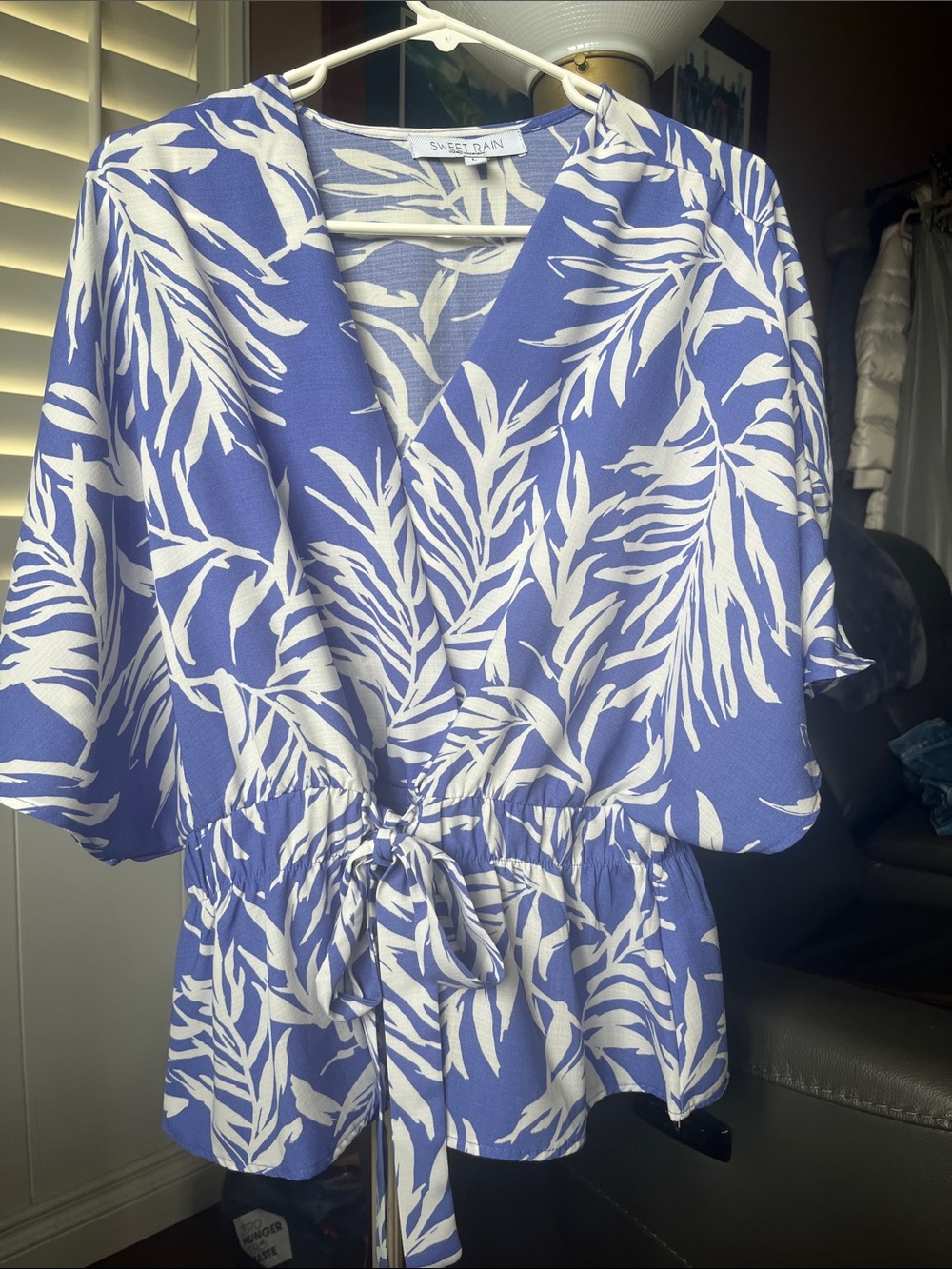 Sweet Rain White Leaf Print on Blue Wrap Top L